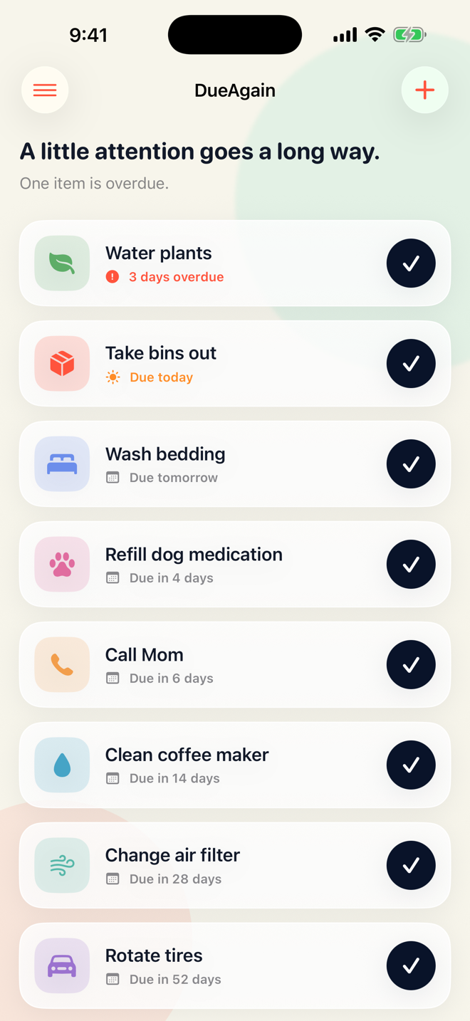 DueAgain dashboard showing eight recurring tasks with varied due dates